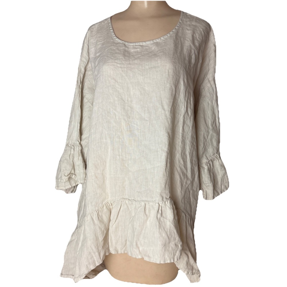Match Point Womens XL Cream Ruffle Tunic Top 100% Linen solid